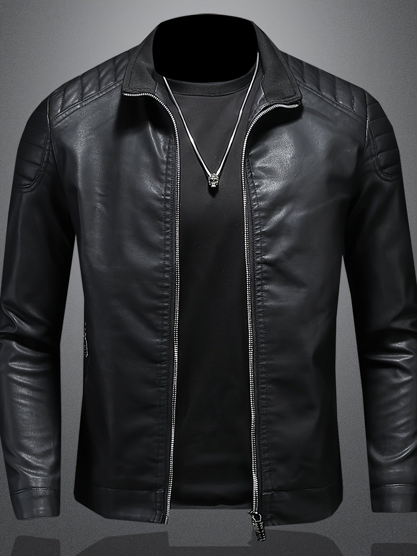 Men's blue PU leather jacket with stand collar, front view