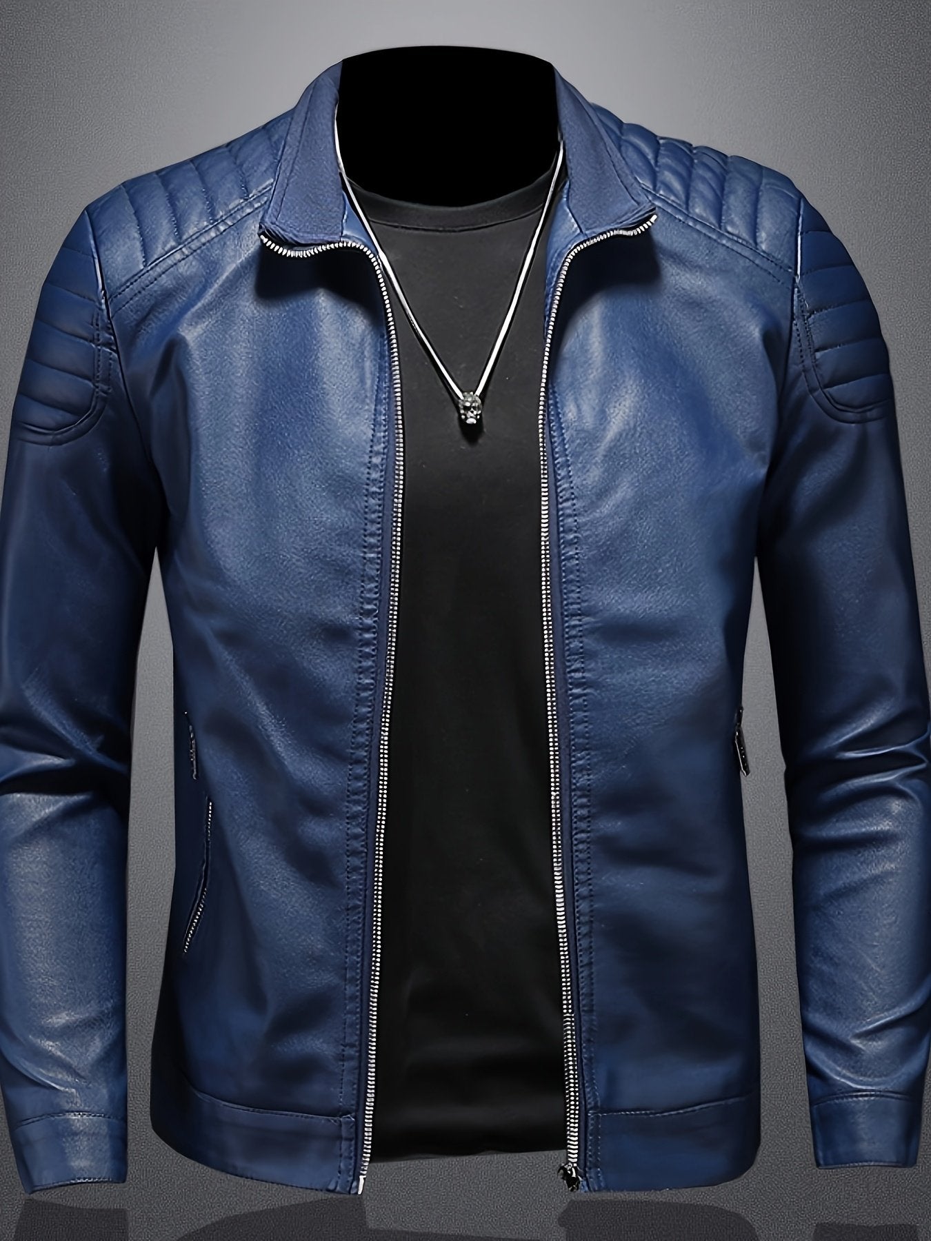 Black PU leather jacket for men with zip front