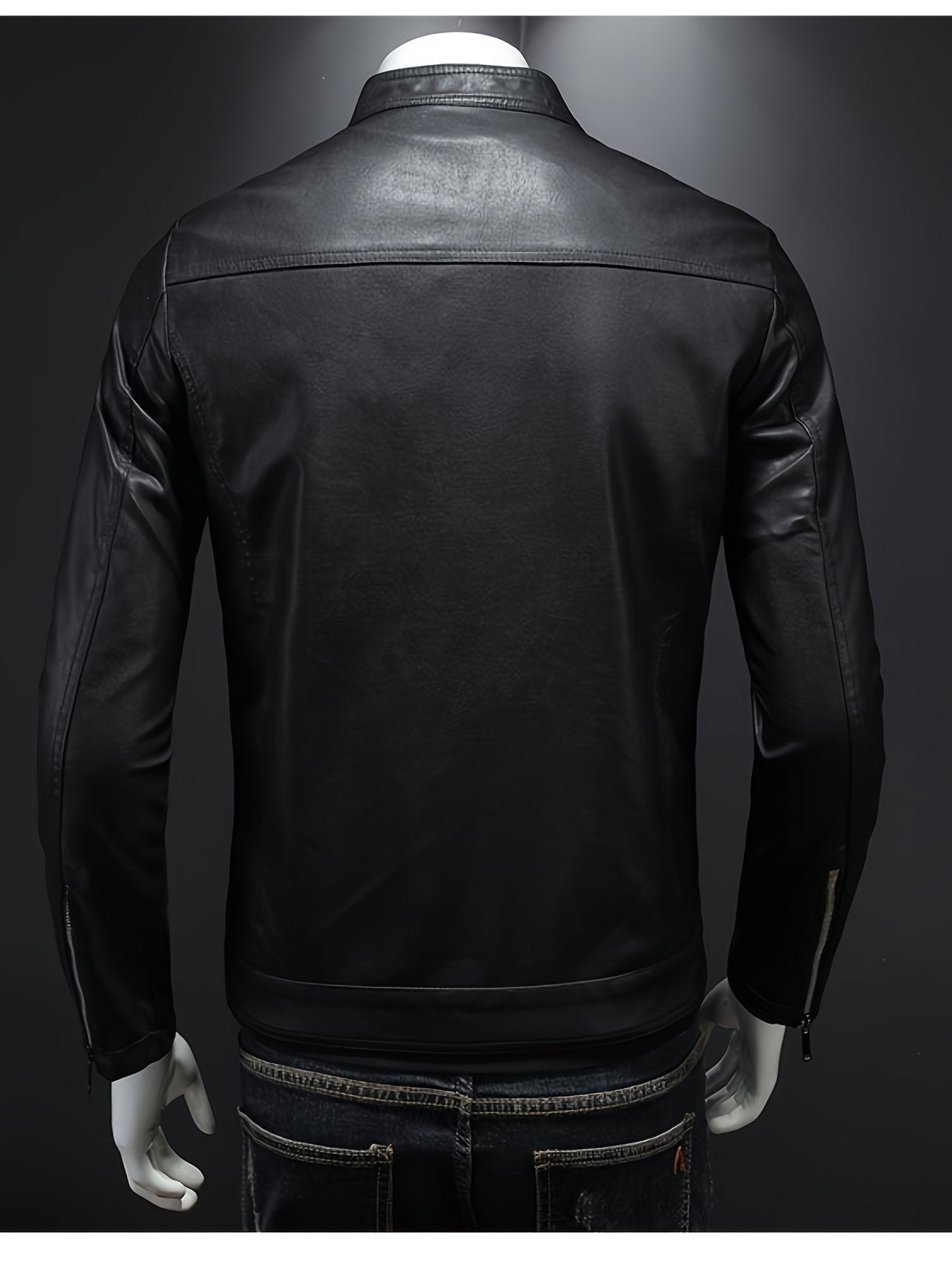 Close-up of the stand collar on the men's PU leather jacket