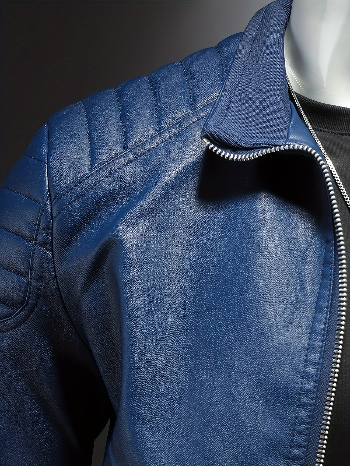 Back view of the men's blue stand collar leather jacket