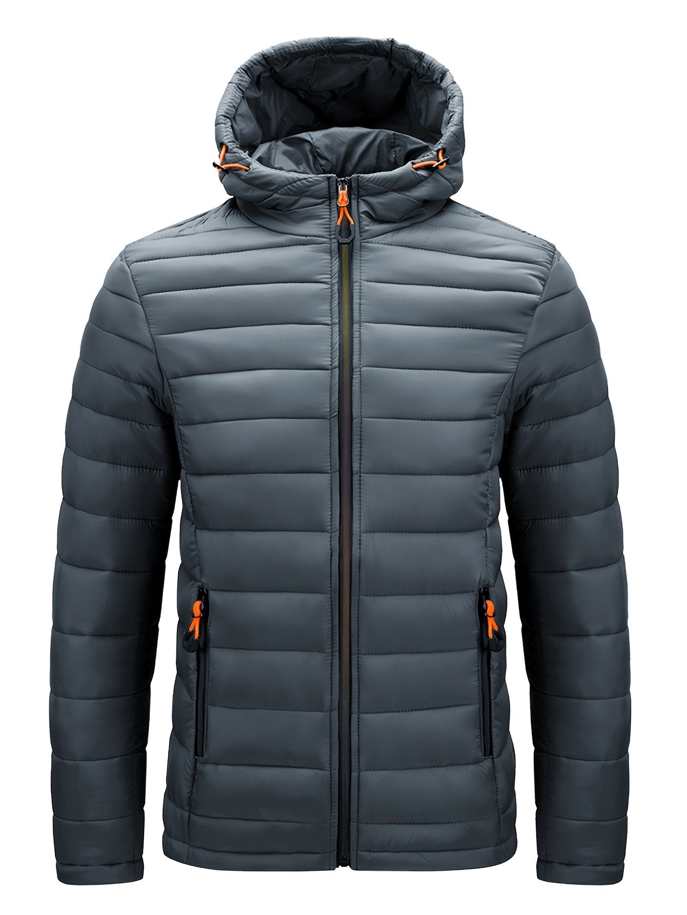 Men's hooded quilted padded winter coat in deep red with colourful zip pockets
