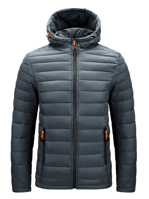 Men's hooded quilted padded winter coat in deep red with colourful zip pockets