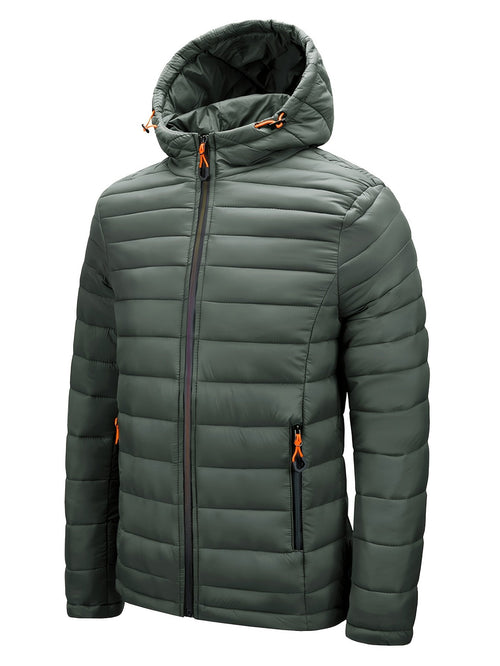 Men's black nylon padded winter coat with hood and full-zip front