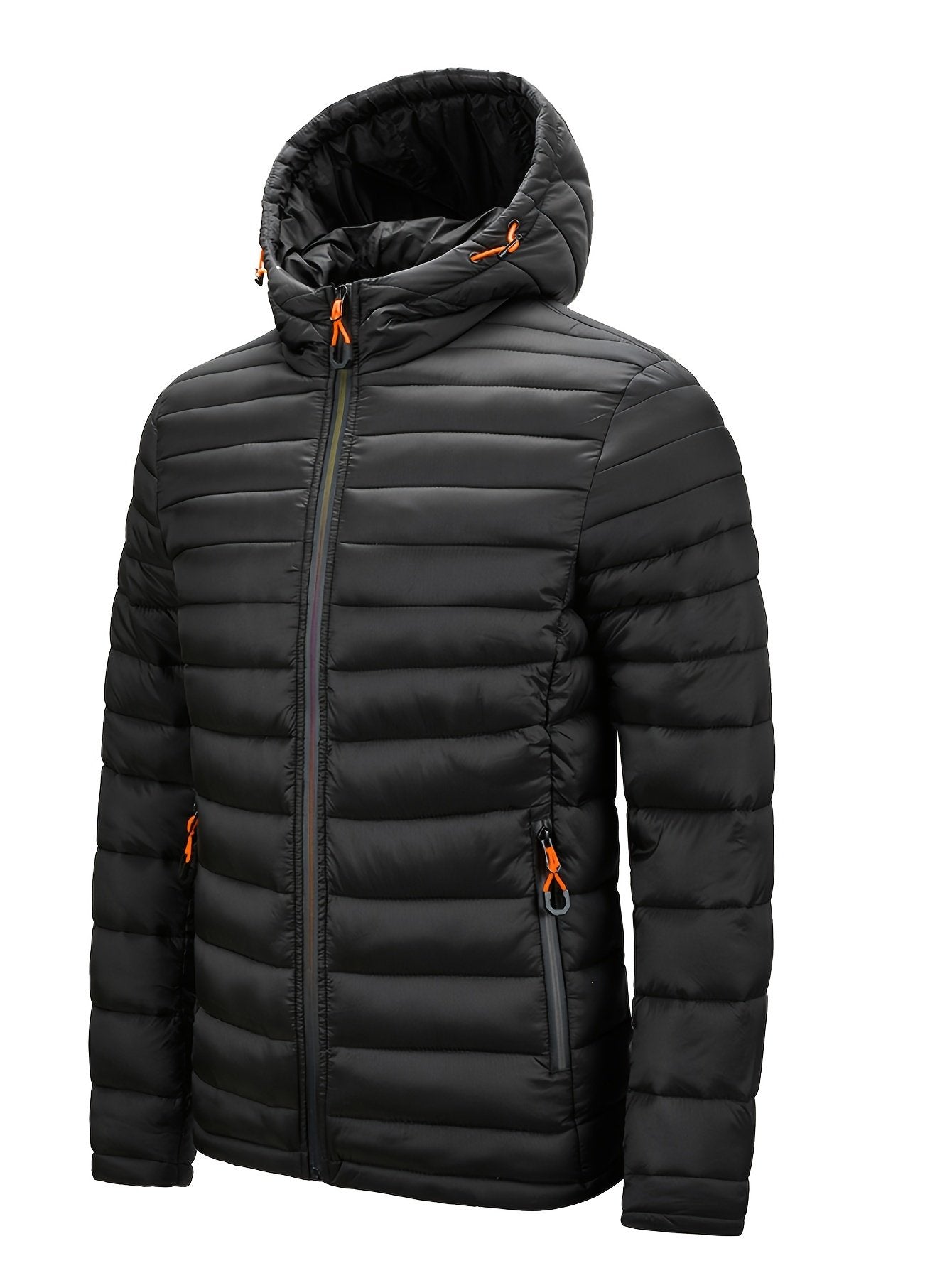 Close-up of colourful zipper pocket detail on men's quilted winter coat