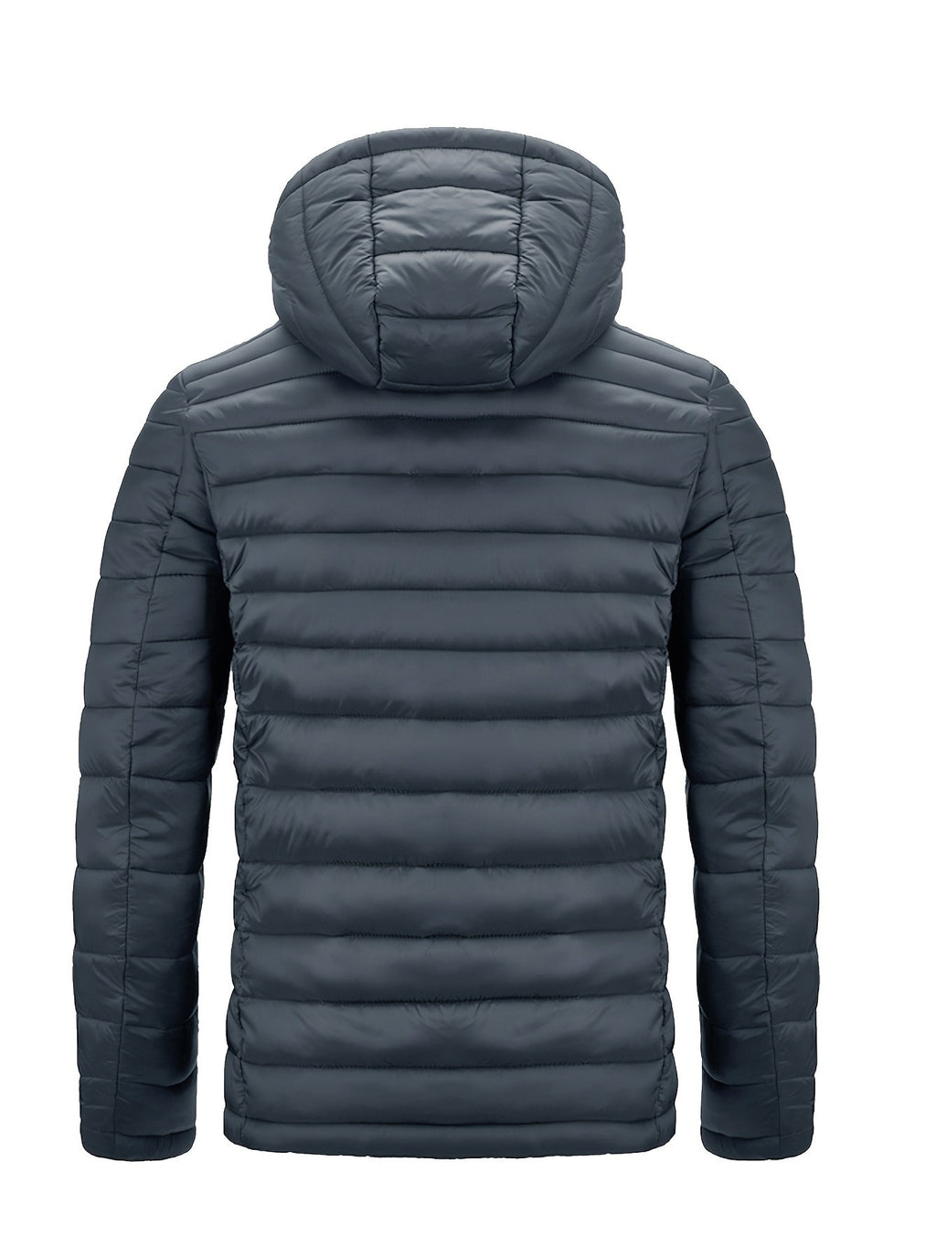 Men's hooded quilted padded coat worn outdoors in cold UK winter