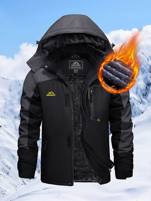 Men's thermal hooded parka with fleece lining for cold weather camping and hiking