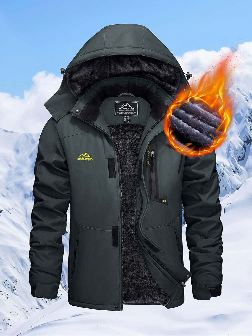 Thick winter parka for men with fleece lining hooded design for outdoor sport