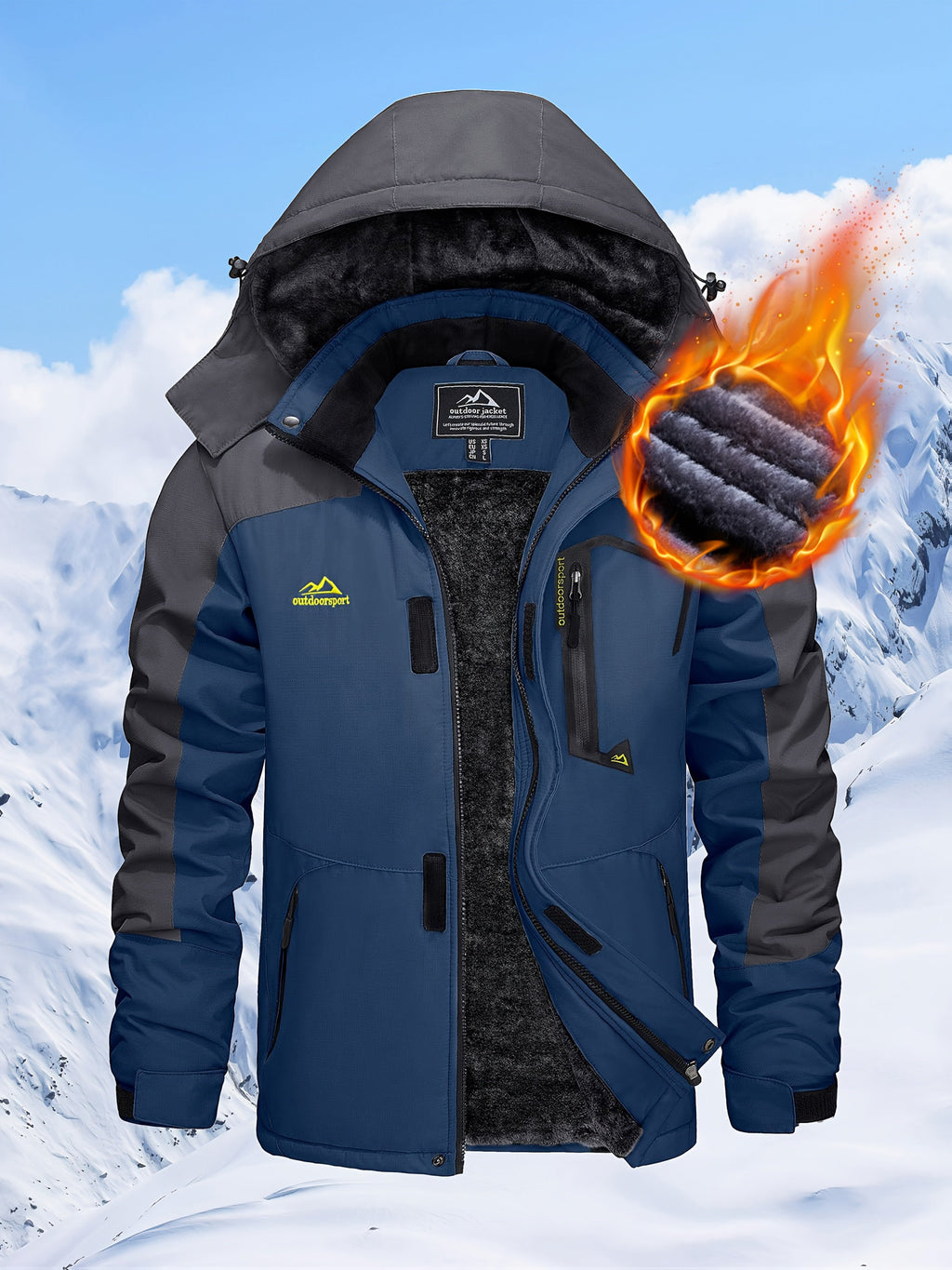 Men's warm outdoor jacket with fleece lining for skiing snowboarding and trekking