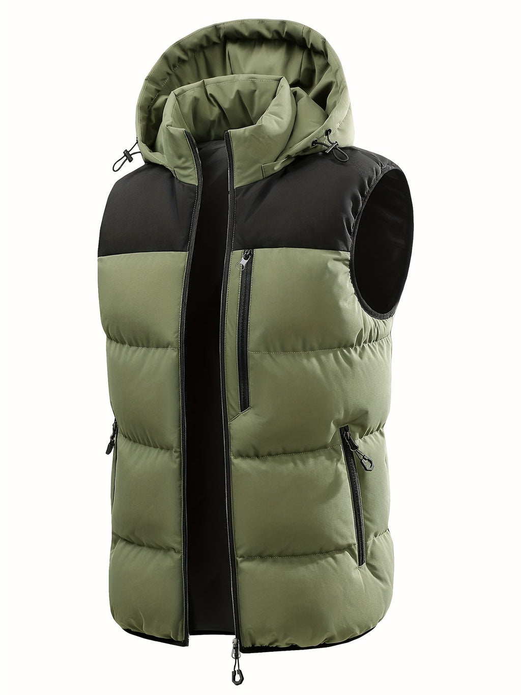 Close-up of men's padded gilet zip closure and pocket detail