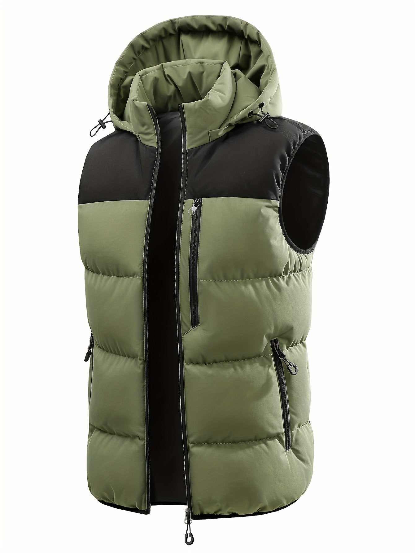 Close-up of men's padded gilet zip closure and pocket detail