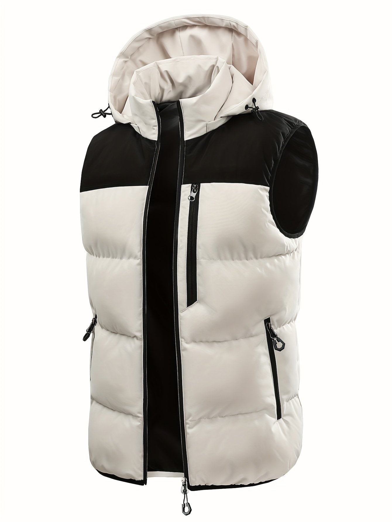 Back view of men's hooded padded winter vest gilet for outdoor activities