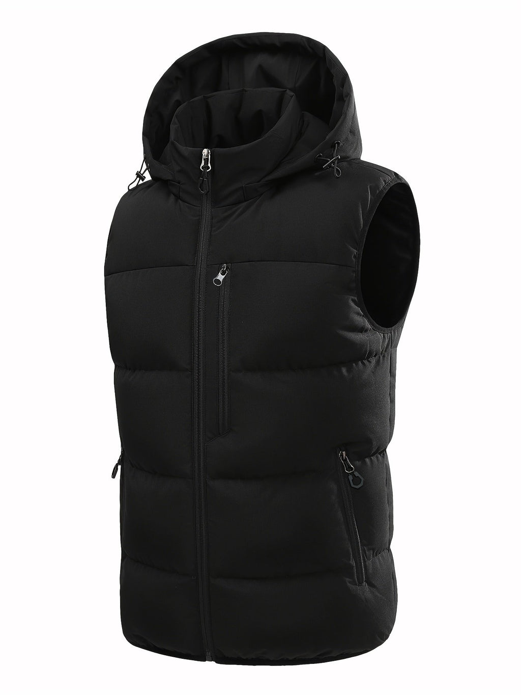 Side view of men's sleeveless padded hooded winter vest showing fit