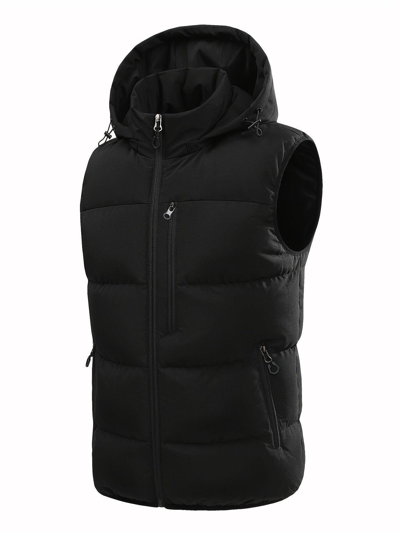 Side view of men's sleeveless padded hooded winter vest showing fit