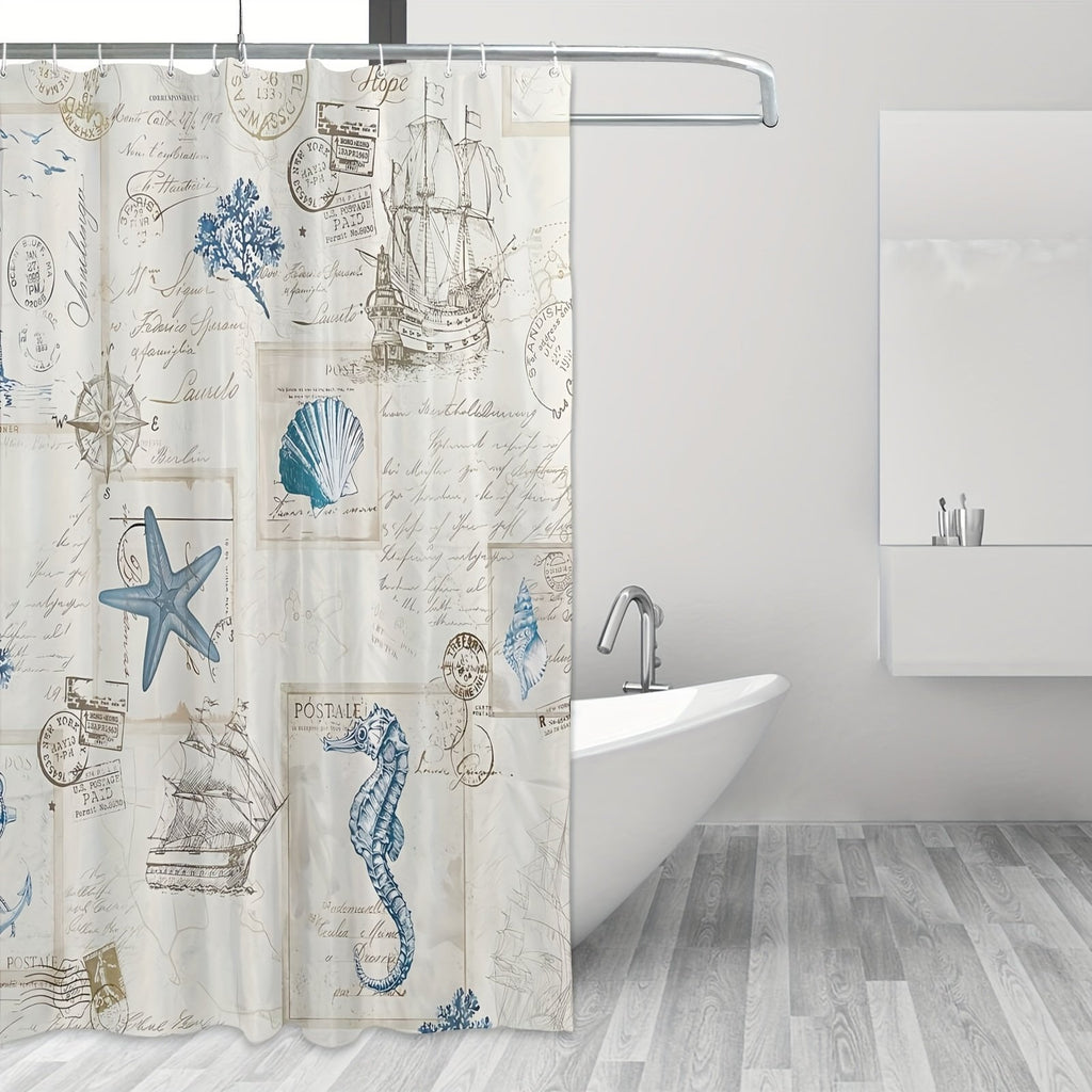 Wrinkle-free nautical polyester shower curtain in coastal bathroom