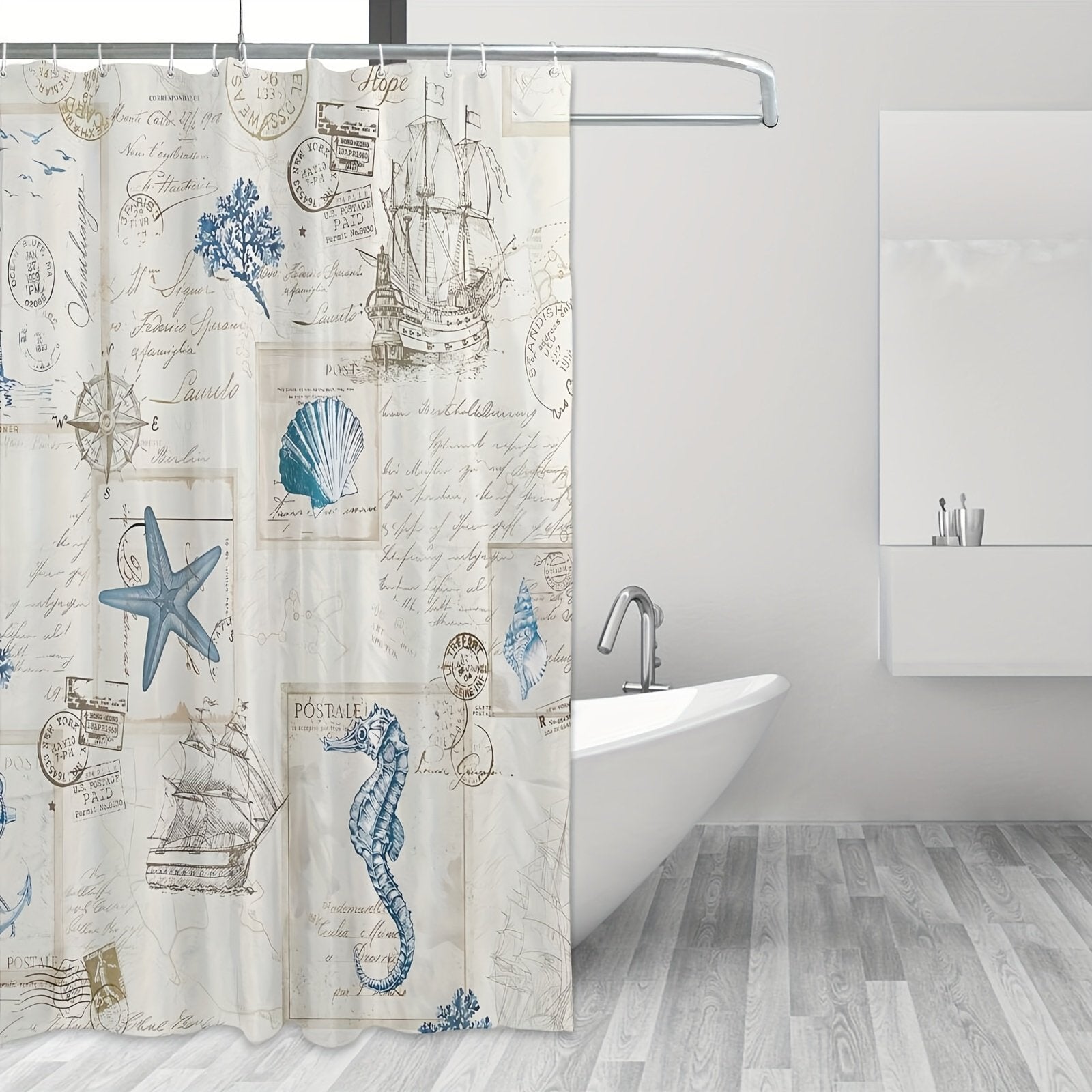 Wrinkle-free nautical polyester shower curtain in coastal bathroom