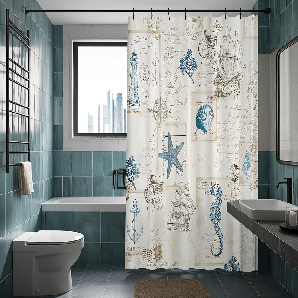 Easy-clean coastal shower curtain with hooks