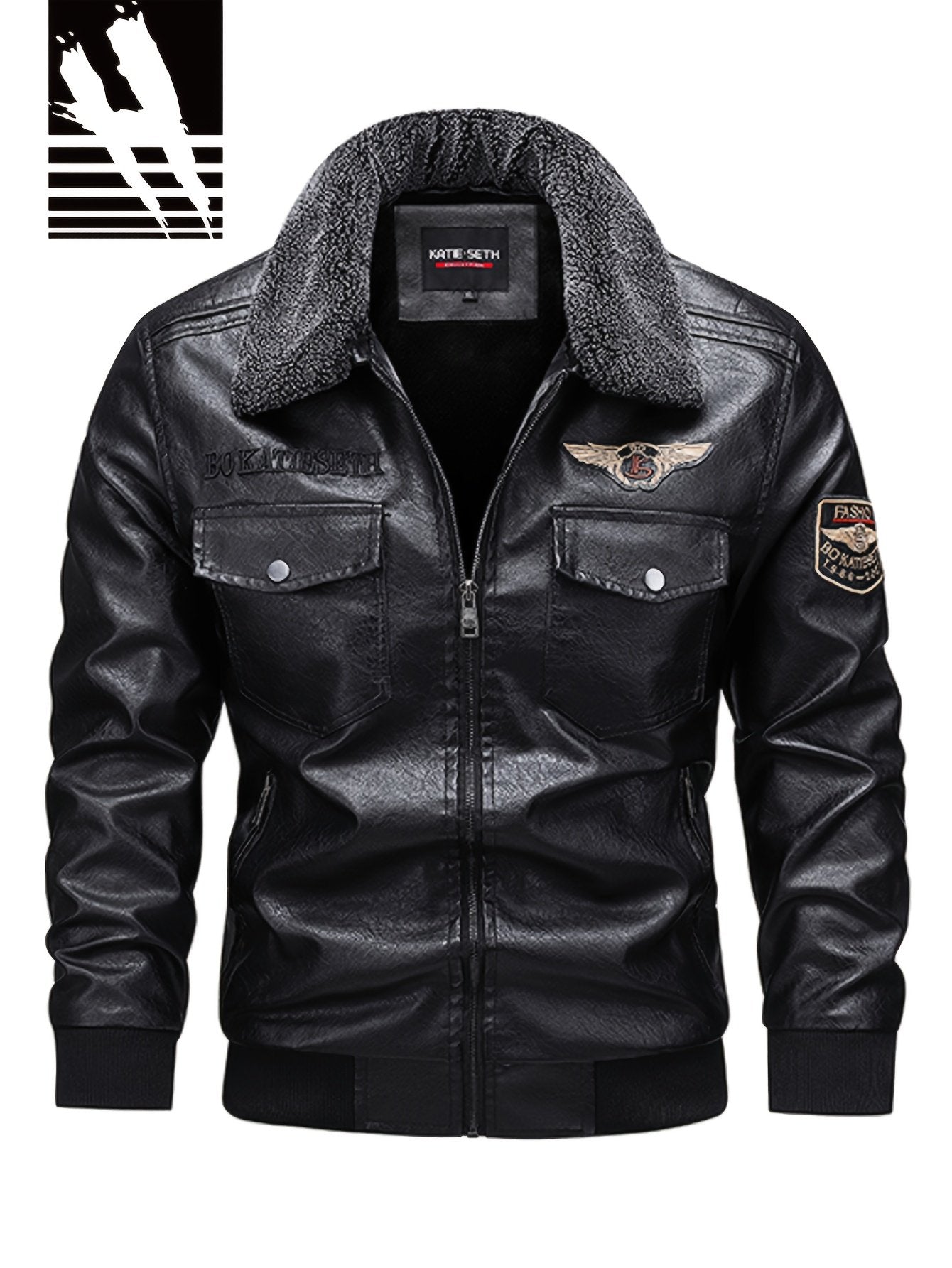 Black fleece-lined PU motorcycle jacket for men with zip front