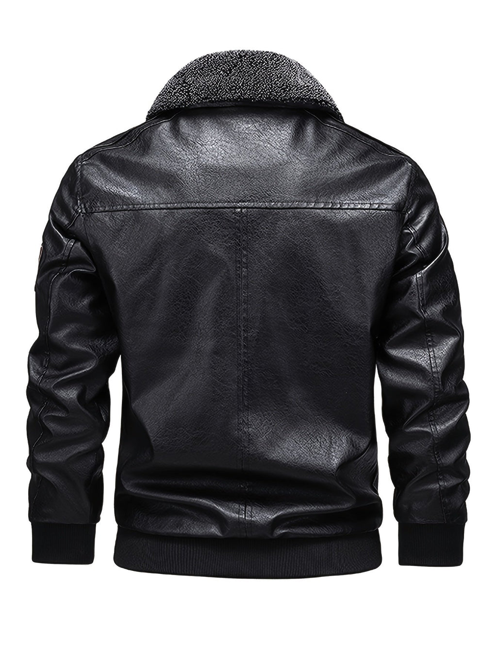 Lapel collar detail on the men's leather look winter jacket