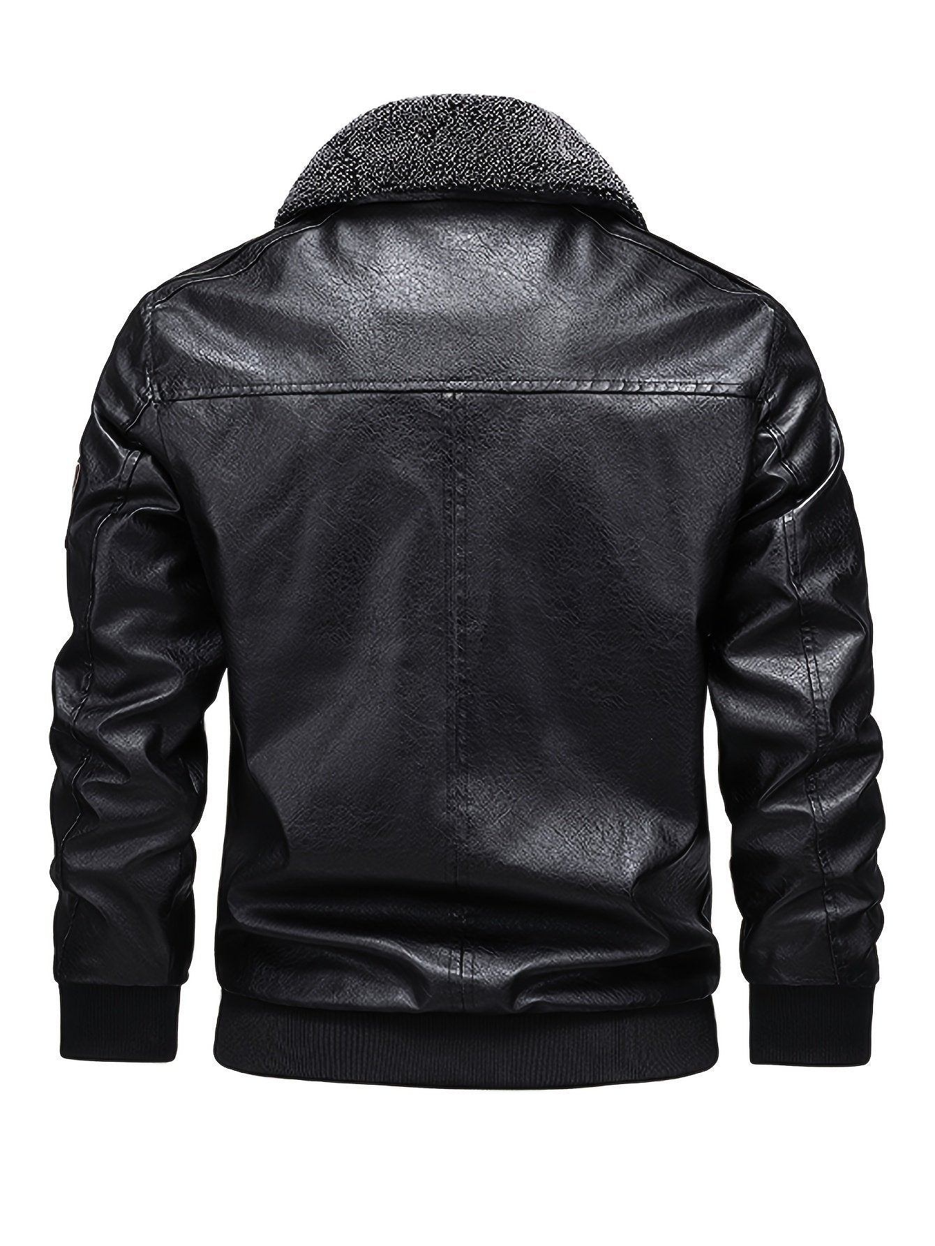 Lapel collar detail on the men's leather look winter jacket