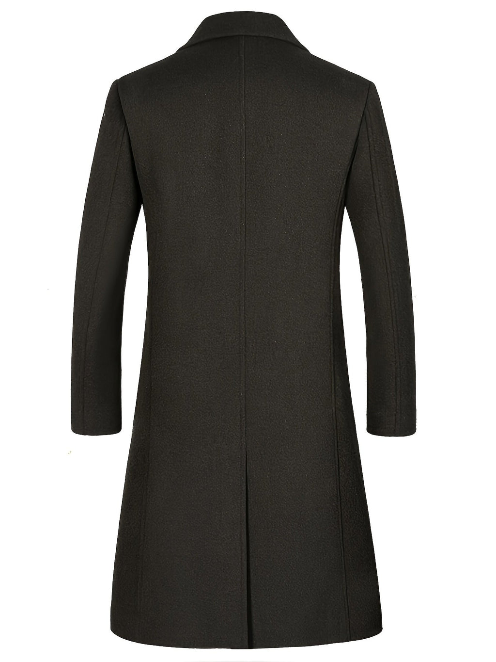 Side view of the long men's tweed overcoat showing the below-knee length