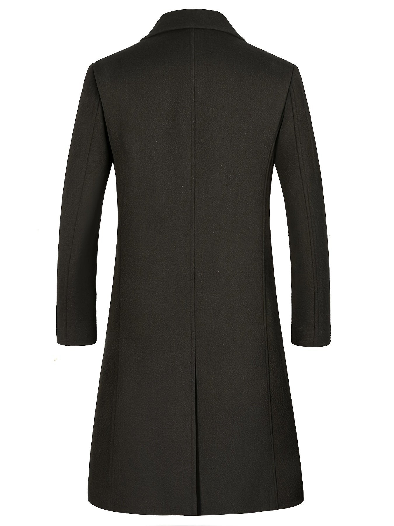 Side view of the long men's tweed overcoat showing the below-knee length
