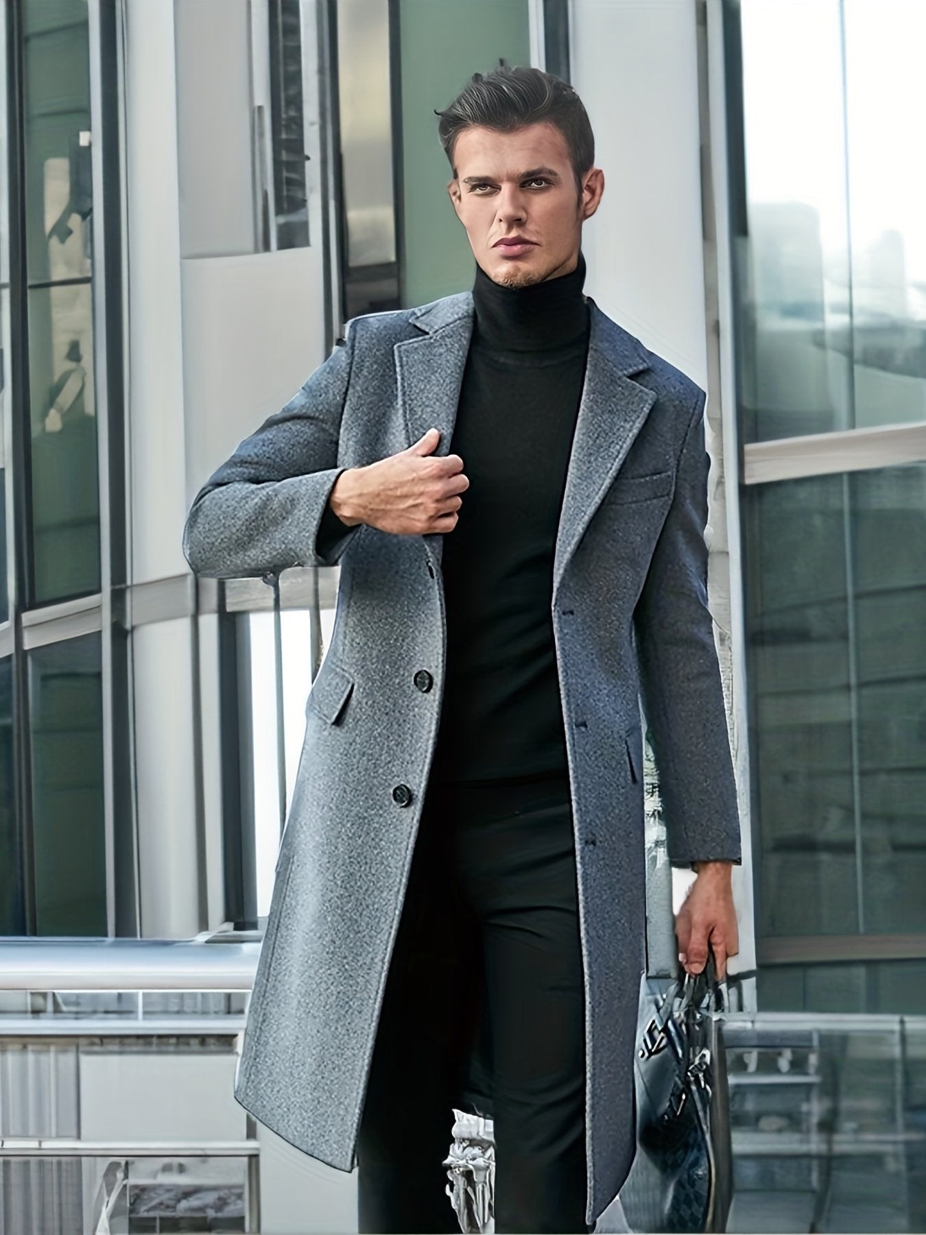 Back view of the men's single-breasted wool blend tweed overcoat