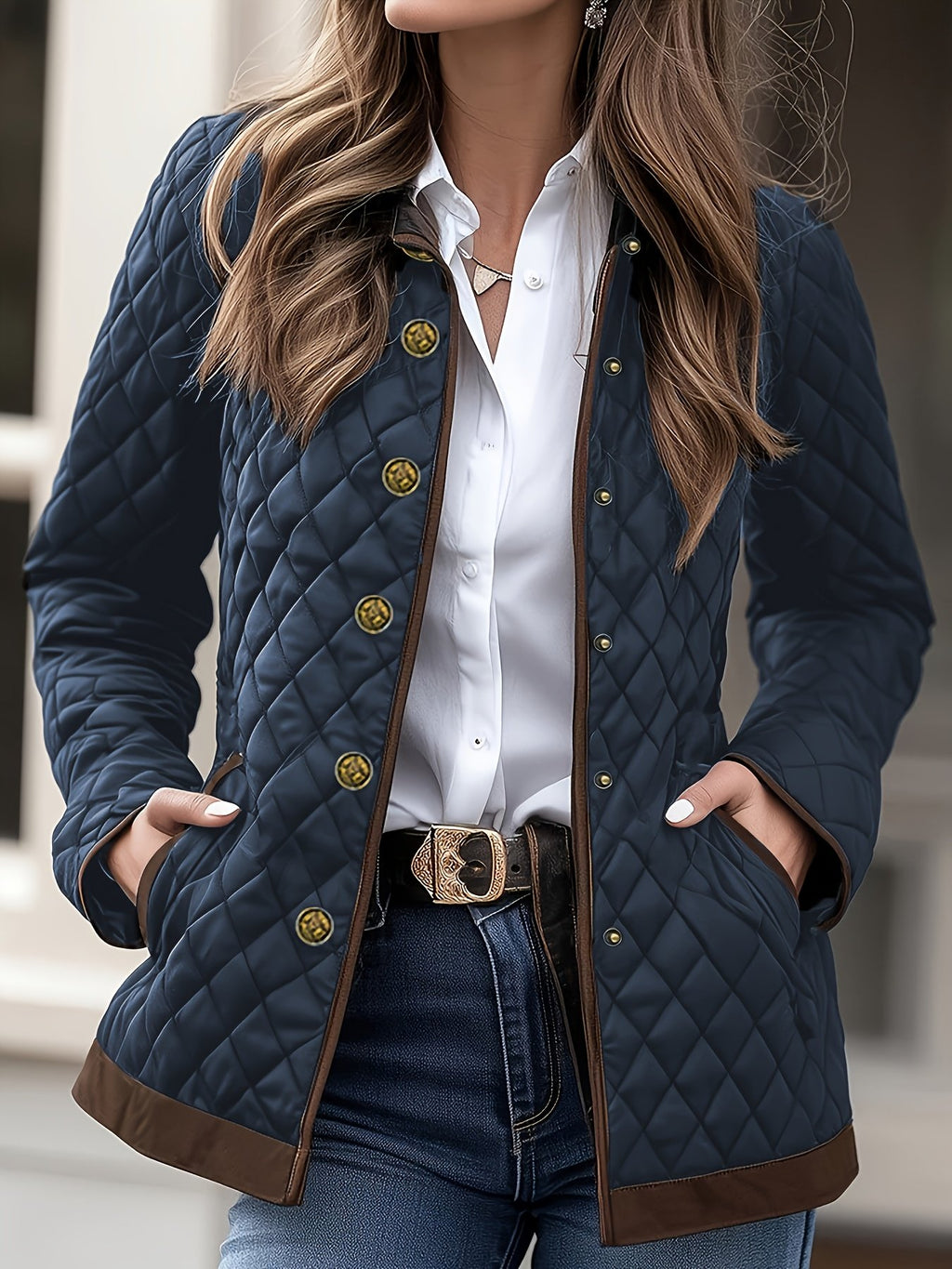 Apricot diamond quilted jacket for women with contrast trim