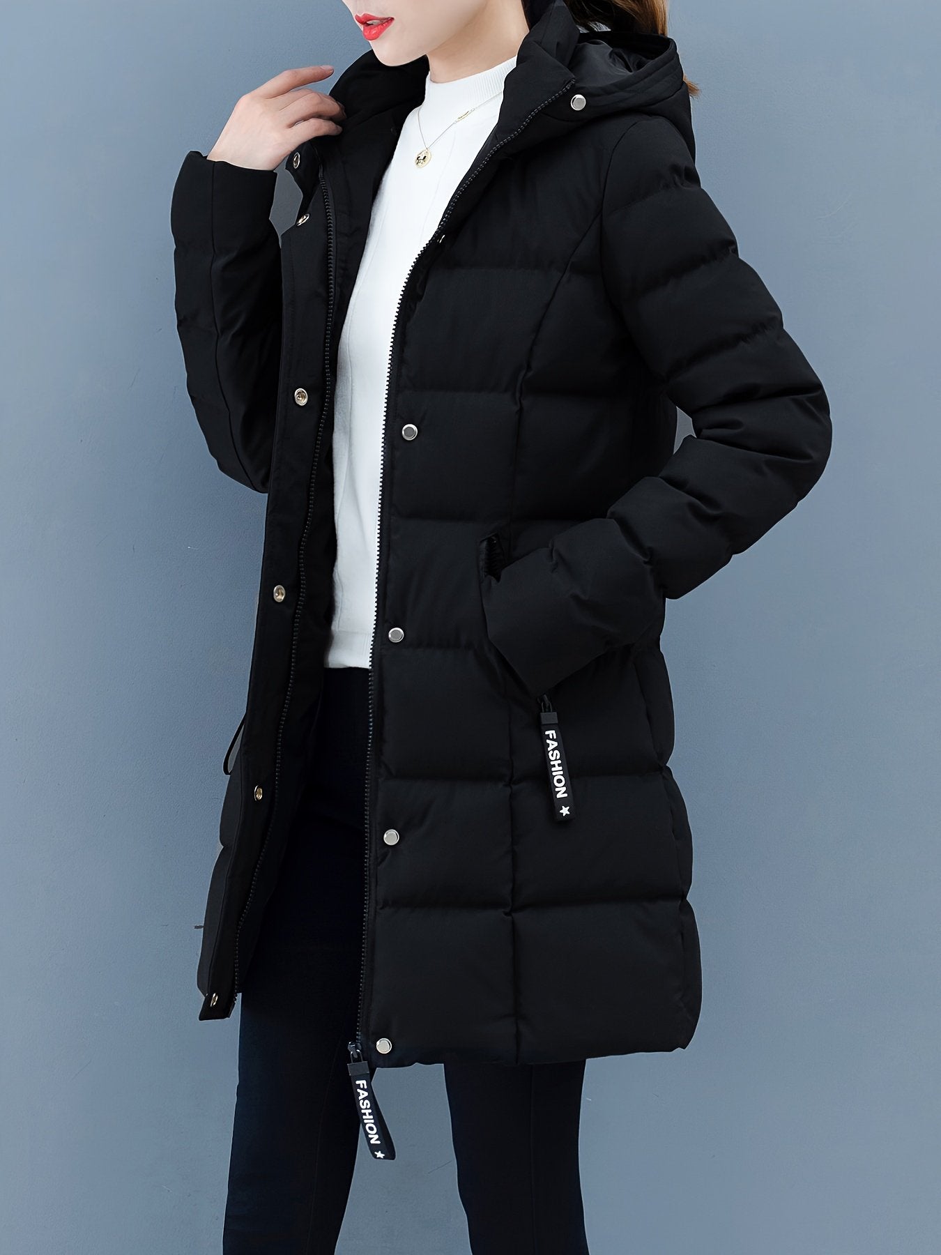Black padded hooded winter jacket for women with full zip