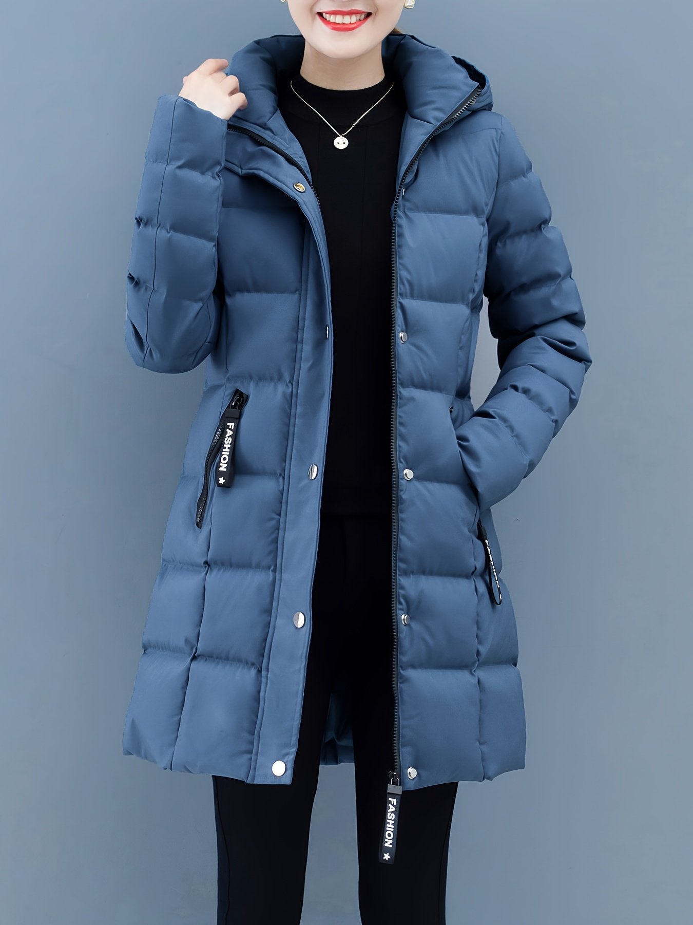 Grey hooded puffer jacket for women, mid-length winter coat