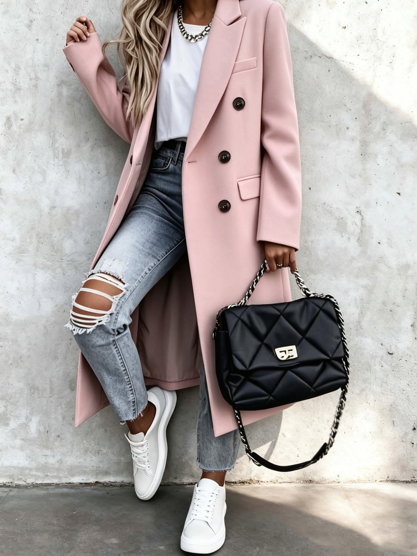 Women's grey over-the-knee double-breasted trench coat, front view