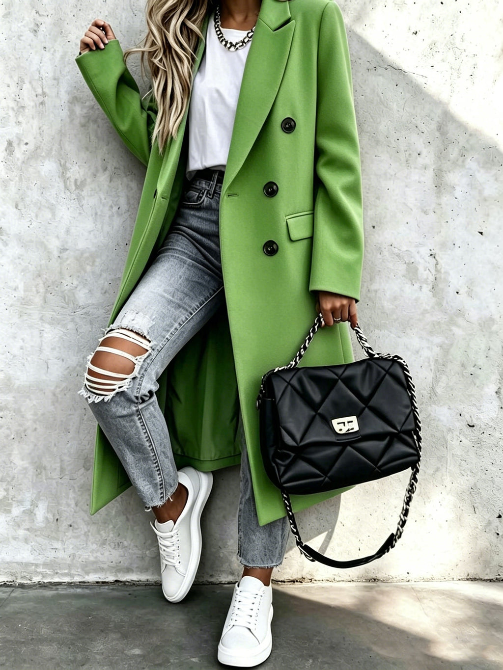 Double-breasted button detail on the women's premium long trench coat