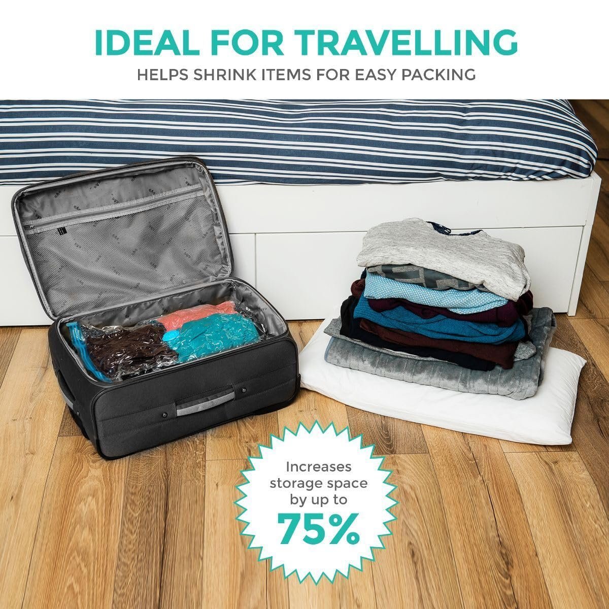 Vacuum cleaner removing air from space saver bag with blankets