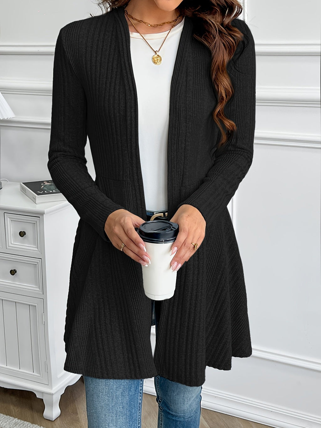 Khaki textured knit jacket for women, relaxed spring layering