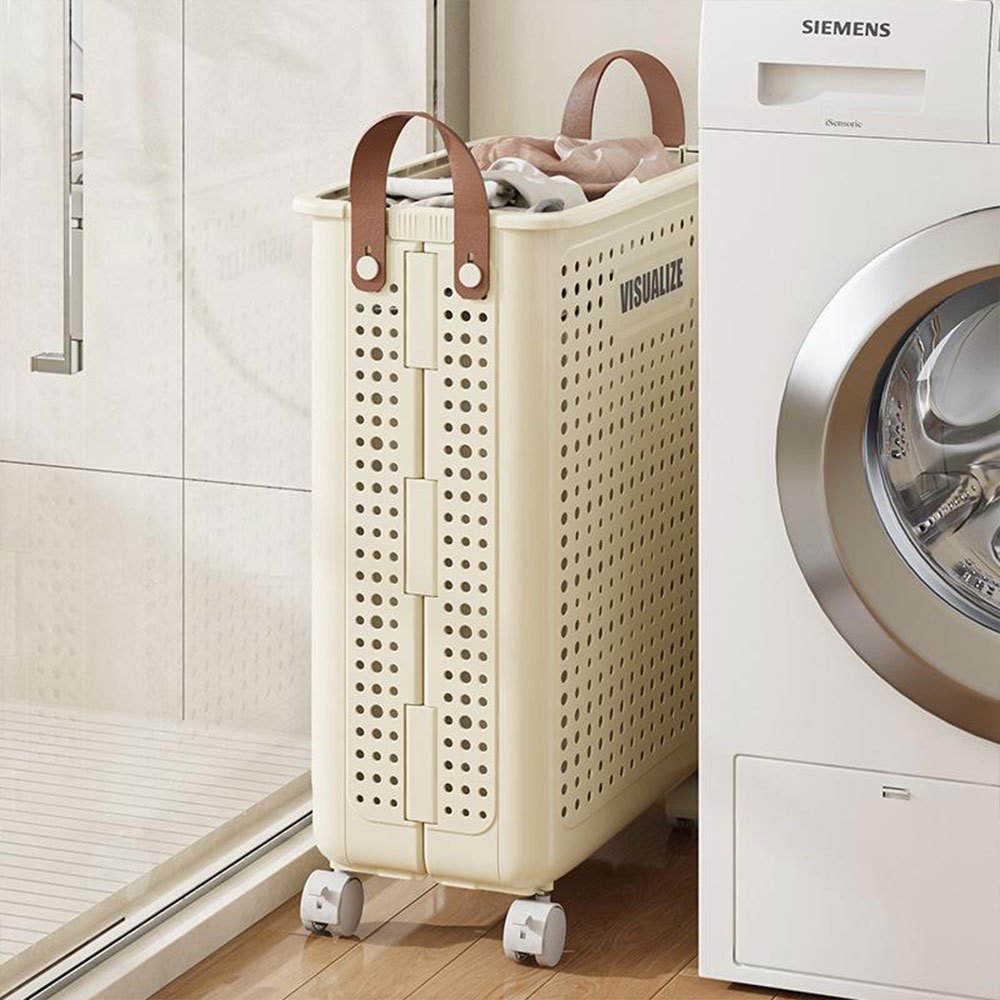 Plastic Laundry Basket Foldable Storage Basket Clothes Hamper with Locking Wheels Large Capacity Laundry Trolley with Handle for Bedroom Bathroom Dorm, Space Saving, Yellow - image 1