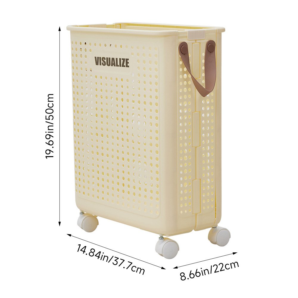 Plastic Laundry Basket Foldable Storage Basket Clothes Hamper with Locking Wheels Large Capacity Laundry Trolley with Handle for Bedroom Bathroom Dorm, Space Saving, Yellow - image 2