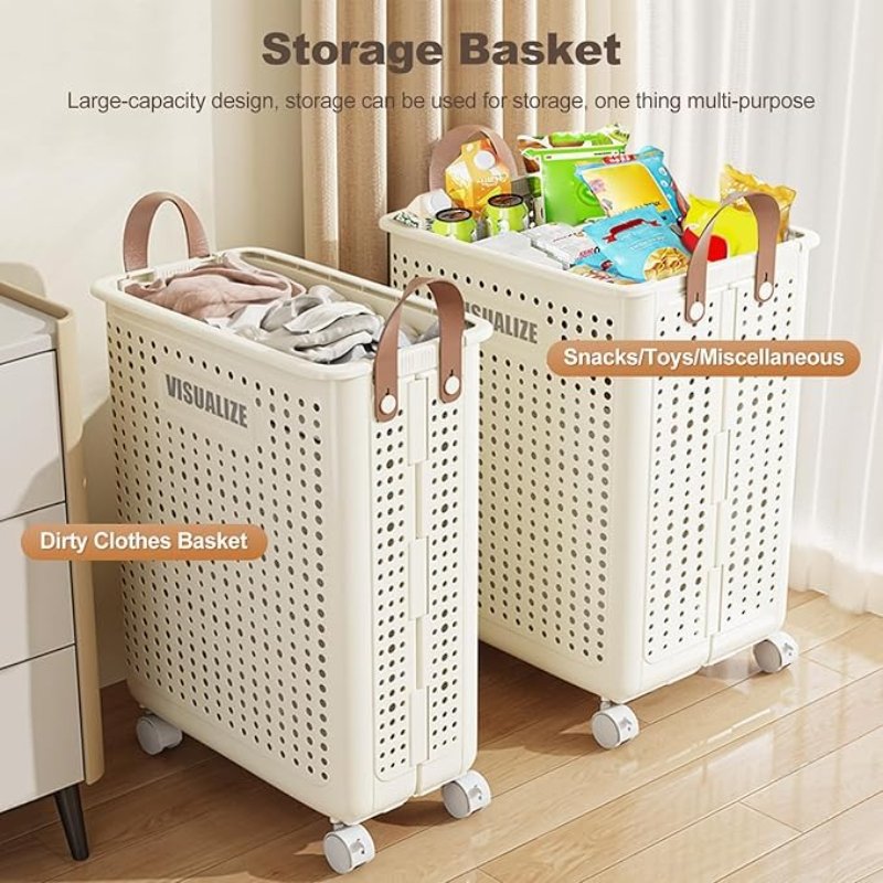Plastic Laundry Basket Foldable Storage Basket Clothes Hamper with Locking Wheels Large Capacity Laundry Trolley with Handle for Bedroom Bathroom Dorm, Space Saving, Yellow - image 4