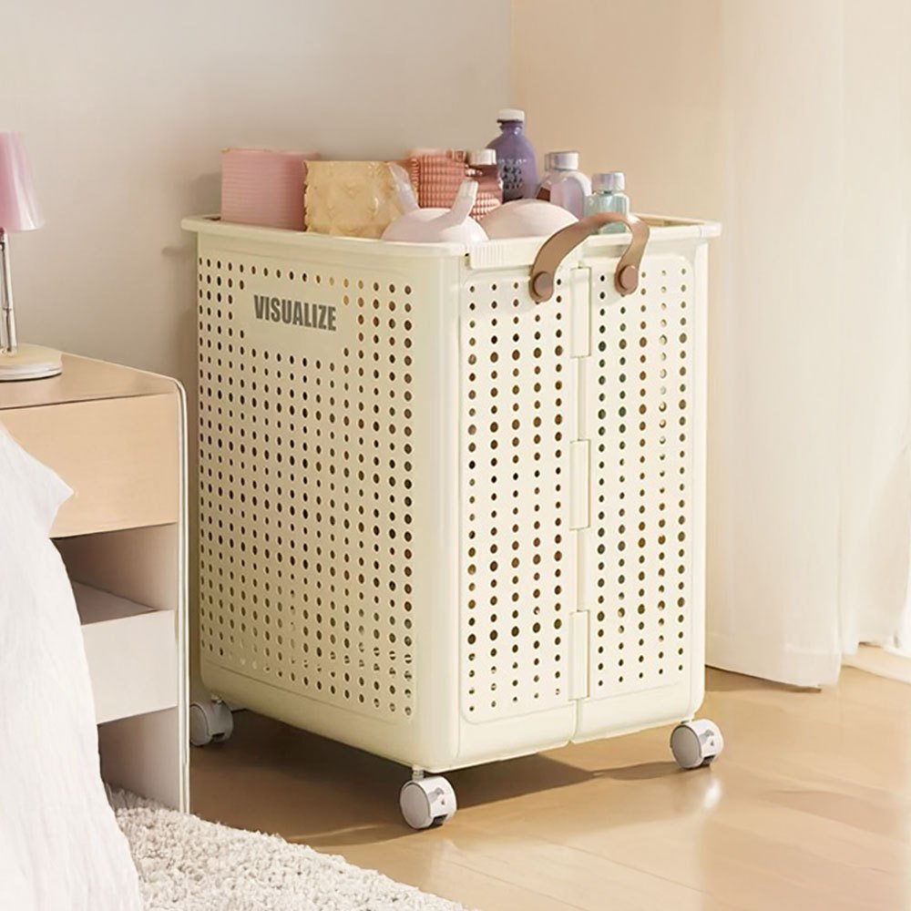 Plastic Laundry Basket Foldable Storage Basket Clothes Hamper with Locking Wheels Large Capacity Laundry Trolley with Handle for Bedroom Bathroom Dorm, Space Saving, Yellow - image 5