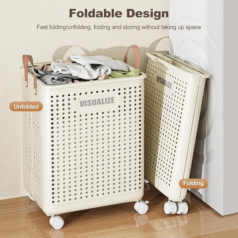 Plastic Laundry Basket Foldable Storage Basket Clothes Hamper with Locking Wheels Large Capacity Laundry Trolley with Handle for Bedroom Bathroom Dorm, Space Saving, Yellow - image 6