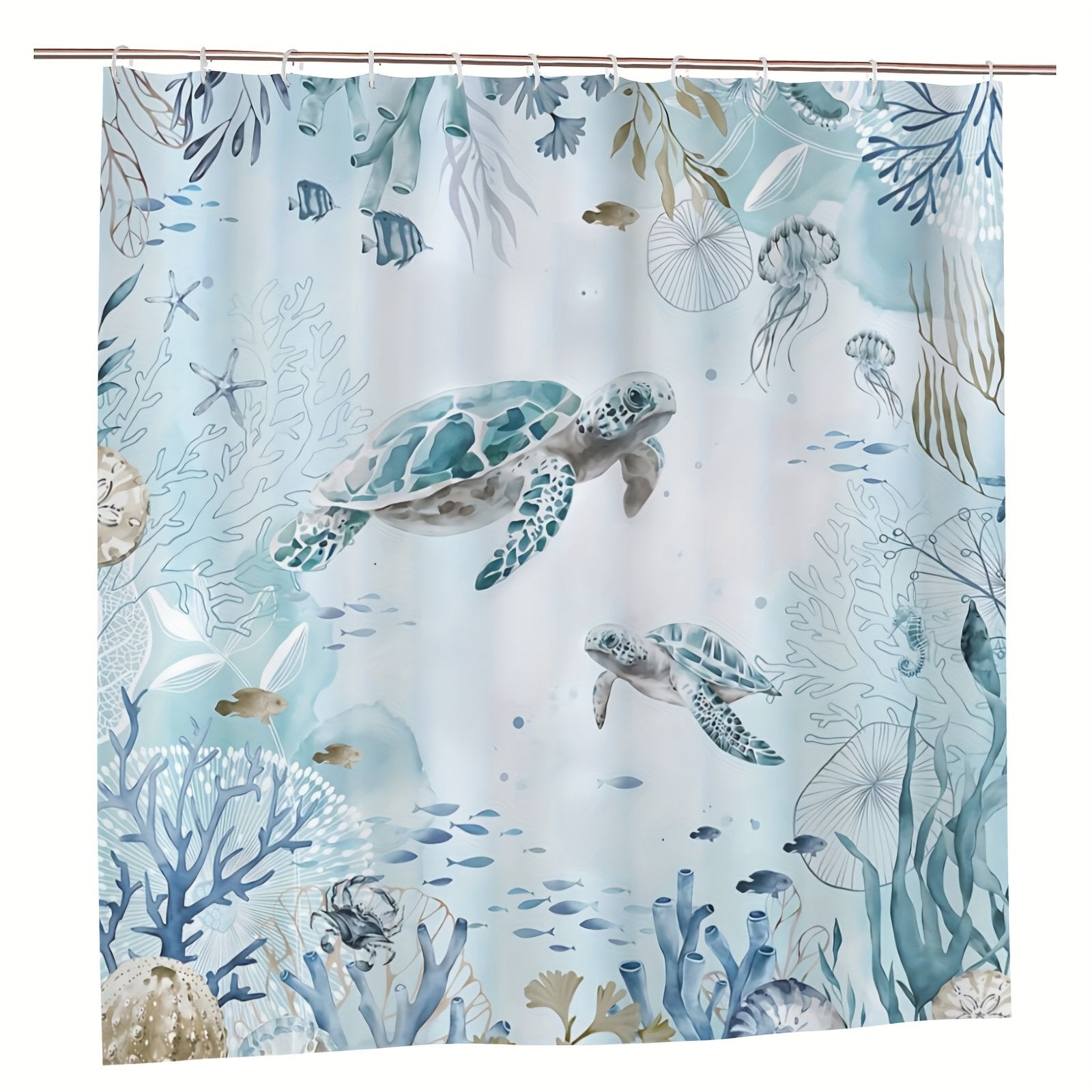 Sea turtle ocean beach shower curtain in coastal bathroom