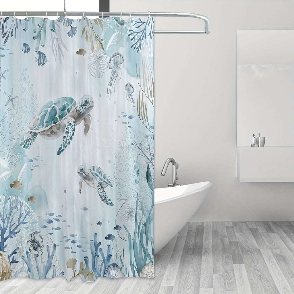 Close-up of sea turtle ocean print on polyester shower curtain