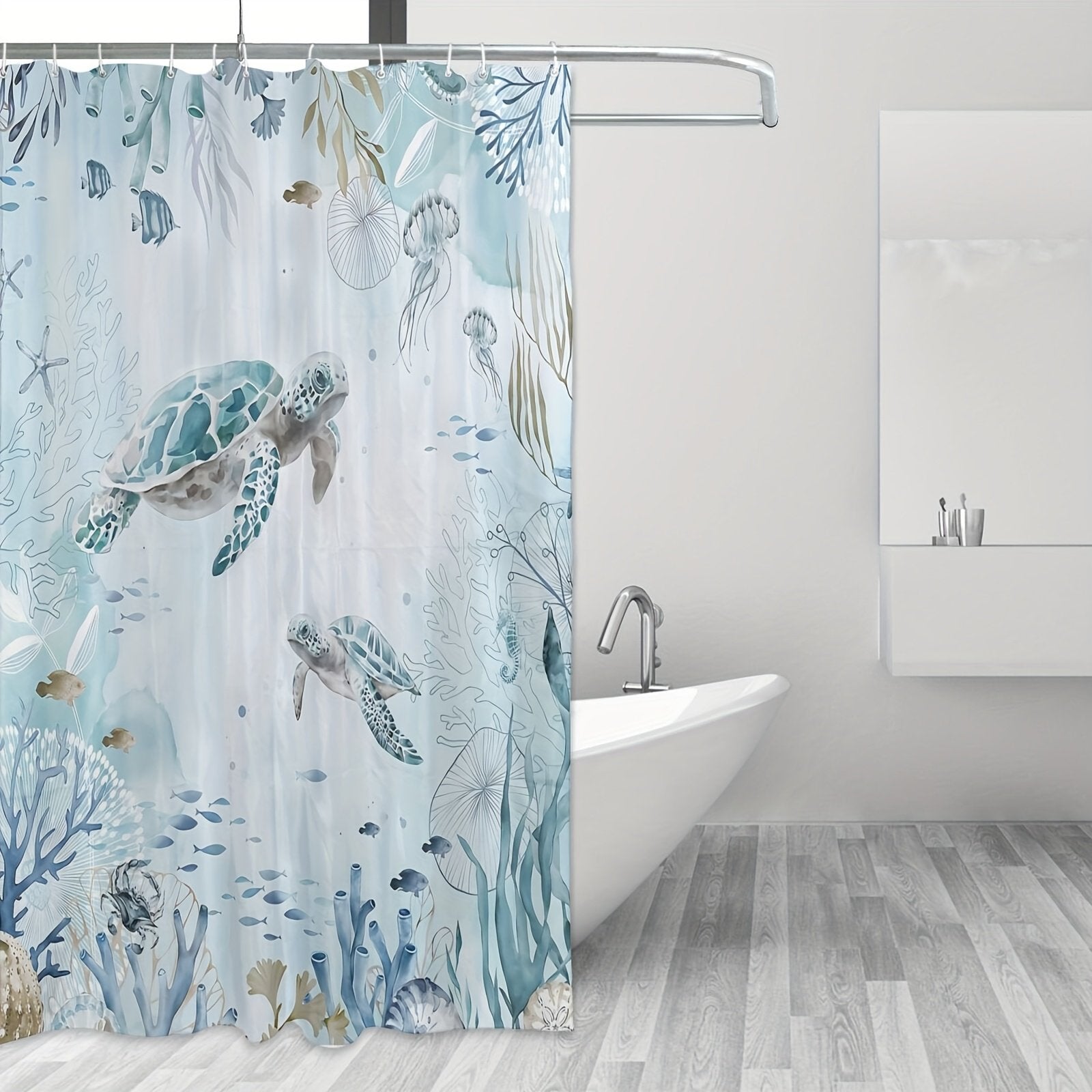 Close-up of sea turtle ocean print on polyester shower curtain