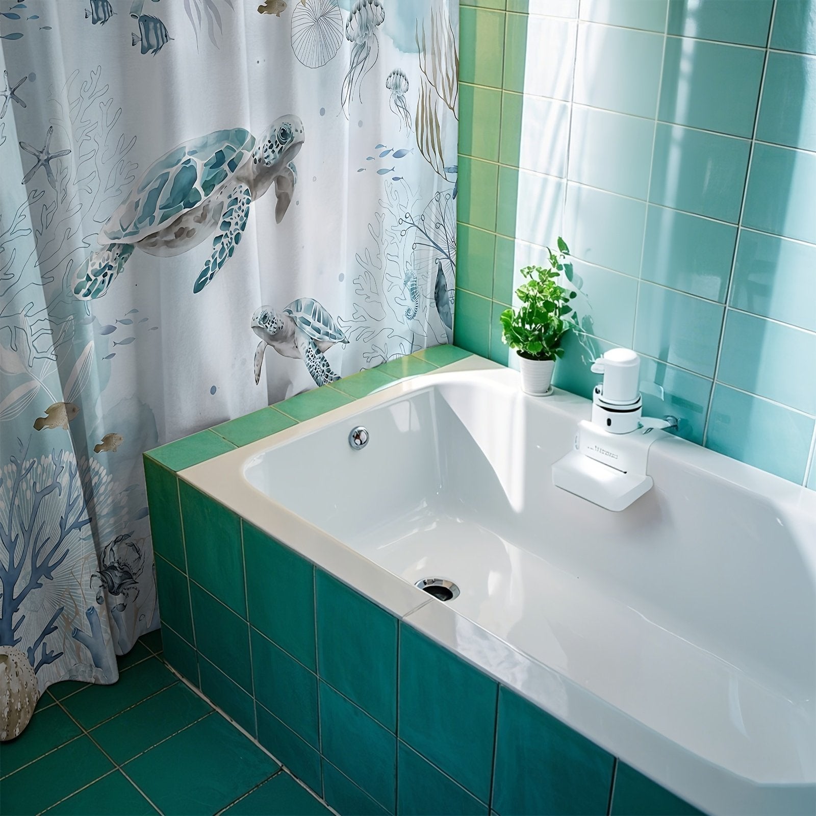 Sea turtle bathroom curtain styled in coastal bathroom