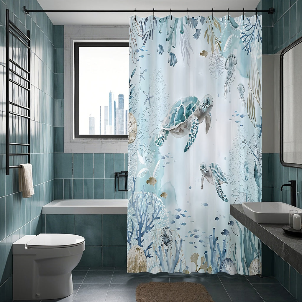 Beach theme sea turtle shower curtain for family bathroom