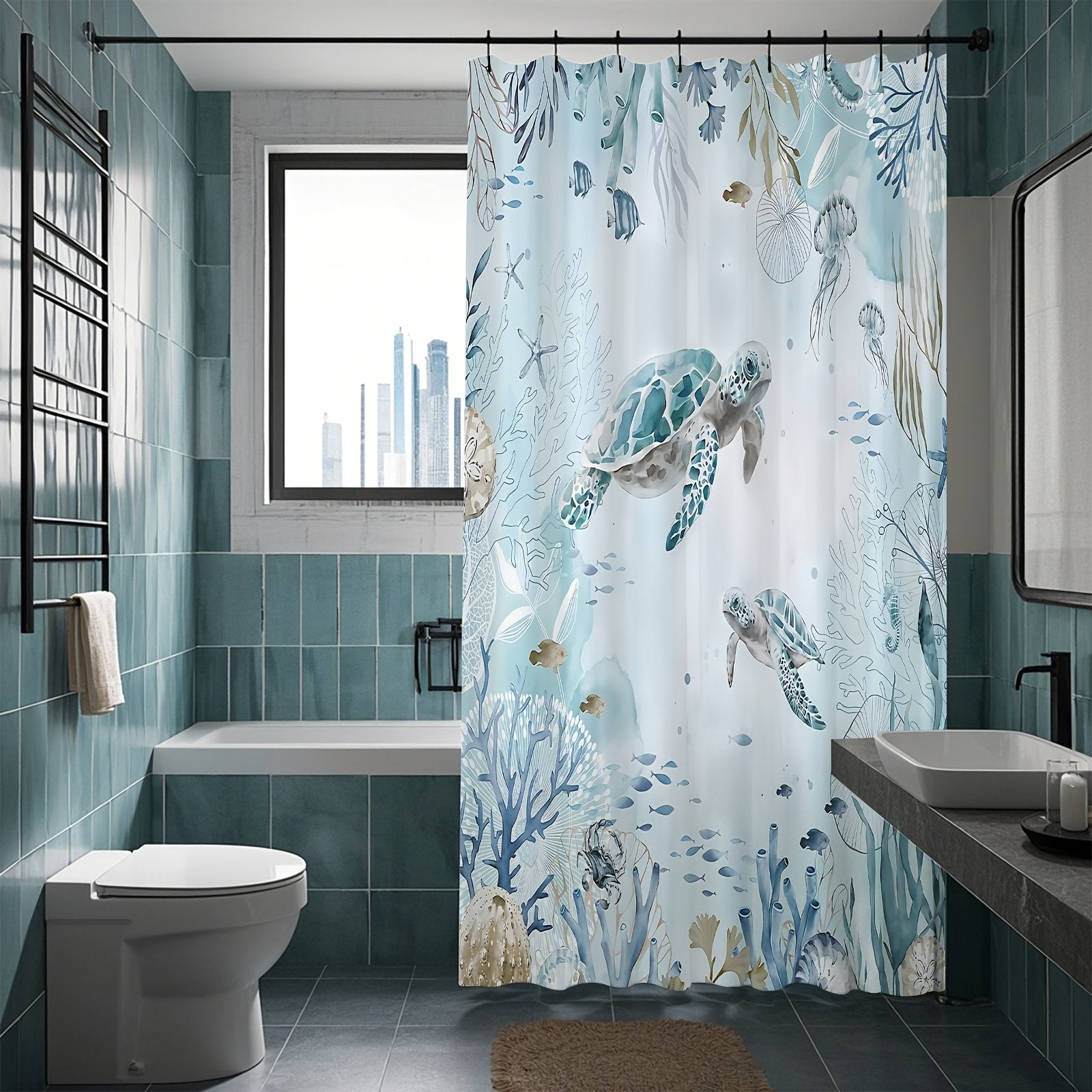 Beach theme sea turtle shower curtain for family bathroom