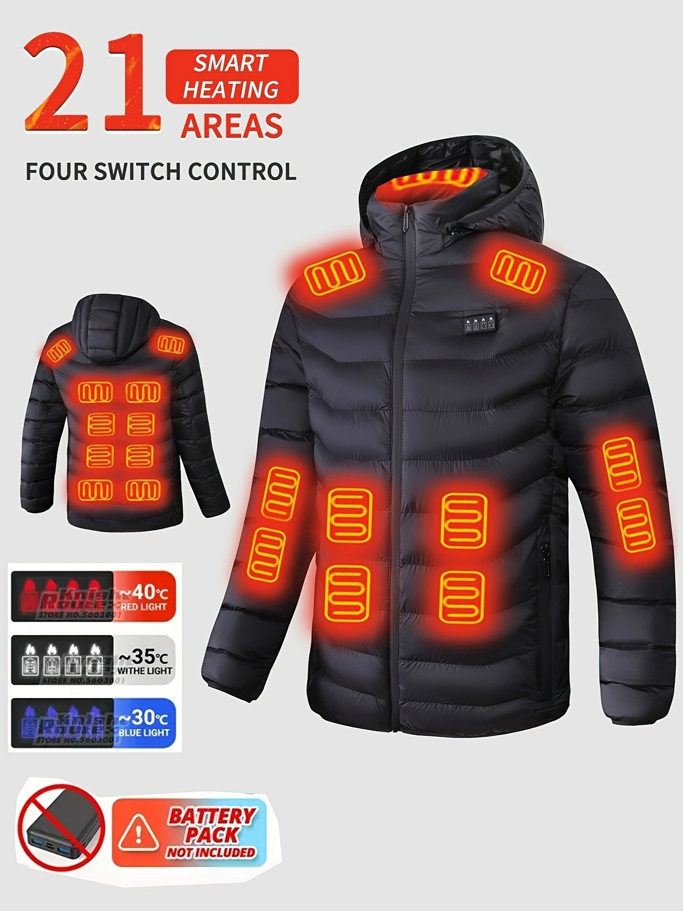 Men's heated jacket showing four-control three-speed intelligent heating
