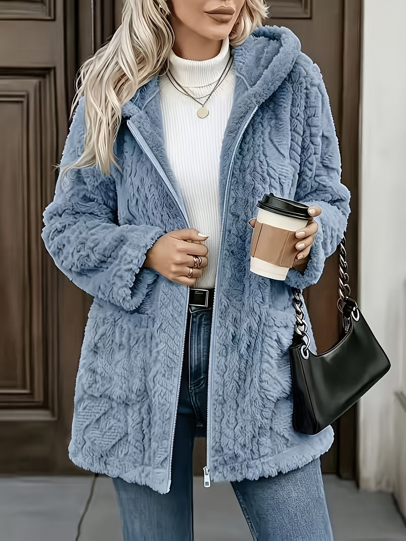 Women's black plush zip-up hooded coat, mid-length front view