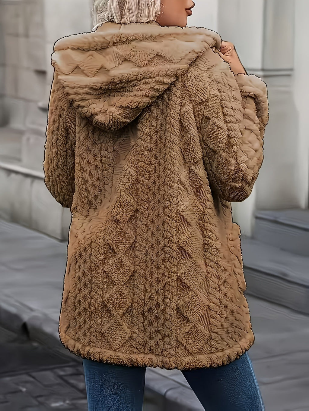 Side view of the mid-length plush zip-up coat for women