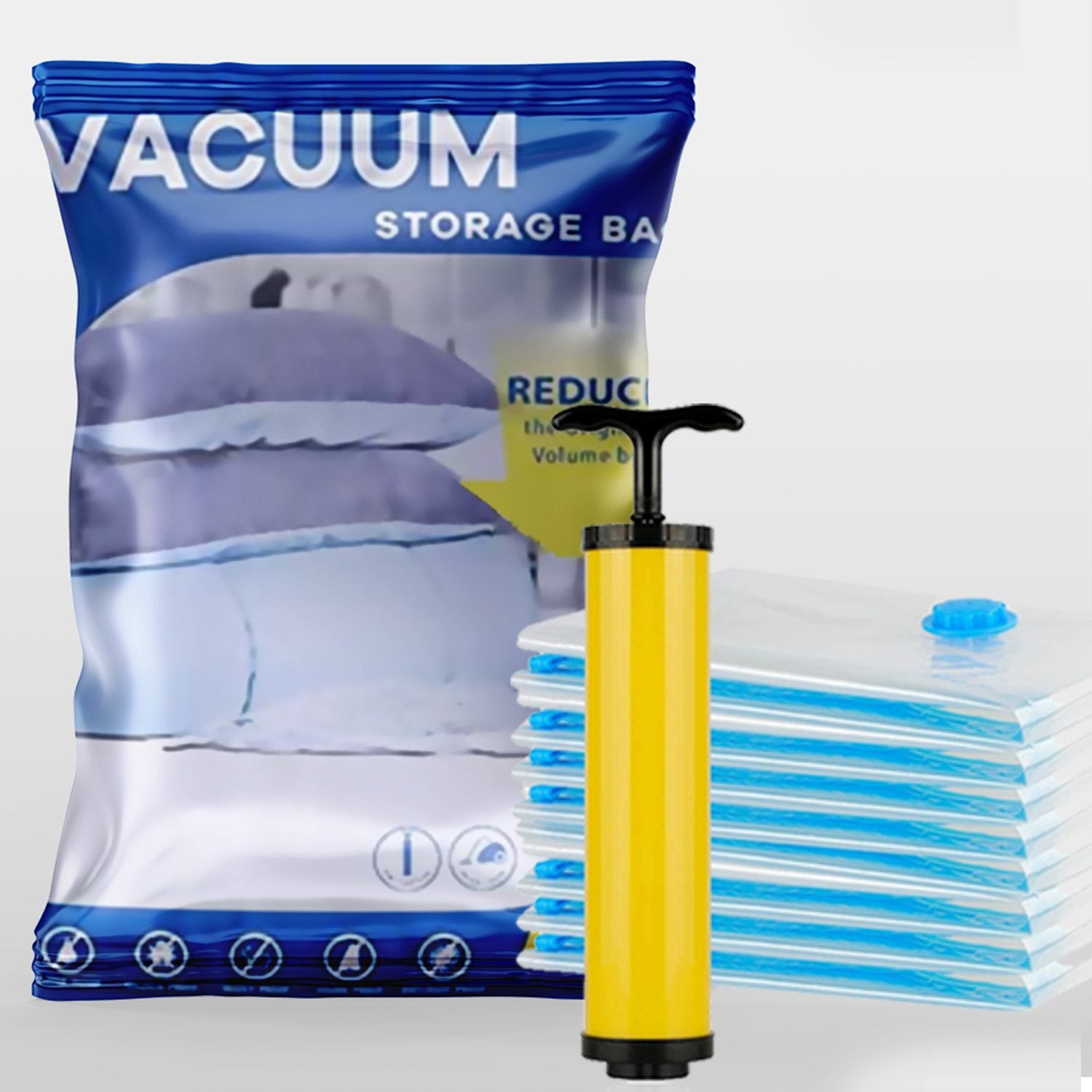 Small space saver vacuum storage bags with free hand pump 6 or 8 pack