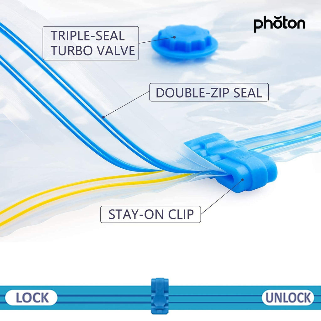 Double-zip and turbo valve seal on small vacuum storage bag