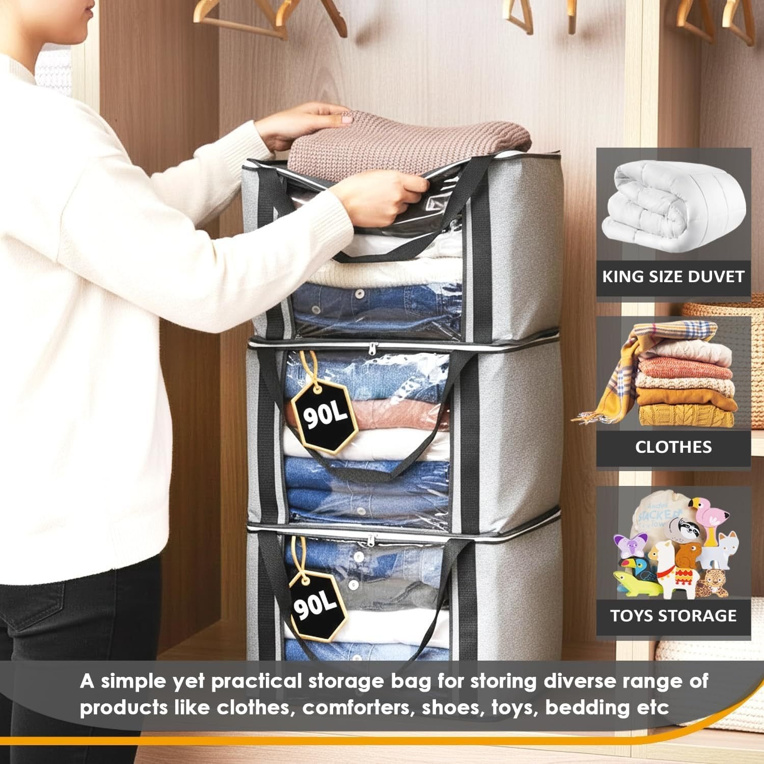 Grey storage bag with zip and handles holding folded bedding